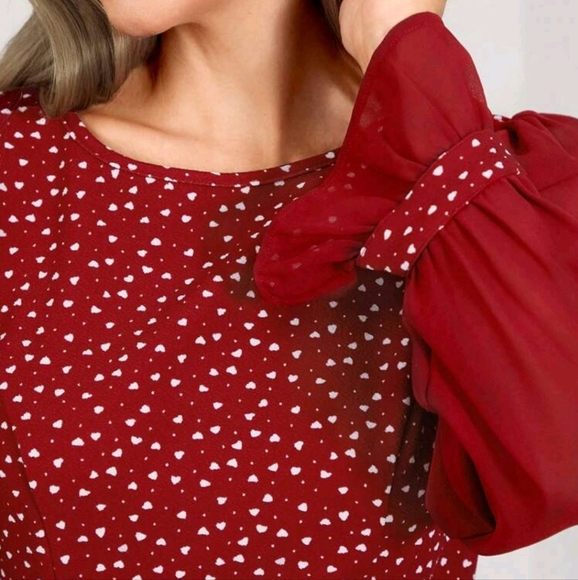 Women's Red Polka Dot Round Neck Long Sleeve Short Dress,Elegant Everyday Wear - Picture 5 of 5